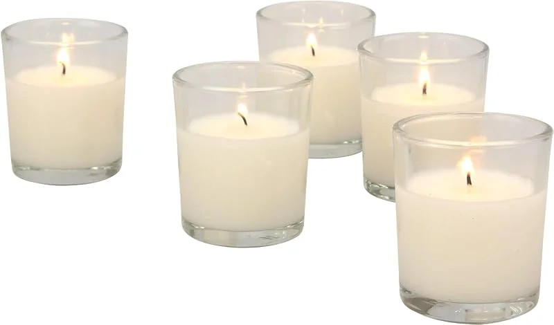 Stonebriar 48 velas votivas rellenas de cera de vidrio transparente de larga duración sin perfume (paquete de 2, 96 unidades en total) — Cena a la luz de velas