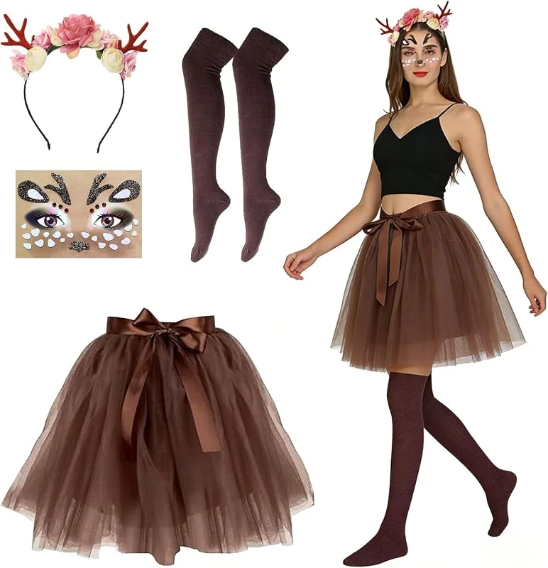 MINGJAY Disfraz Reno Mujer, 4 Piezas Traje Disfraz Navidad de Ciervo Falda de Tul, Falda Tul Ciervo, Reno Conjunto de Faldas, Disfrazs Mujer Carnaval, para Carnaval Disfrazs Fiesta Temática Halloween Cosplay — Ropa Navidad