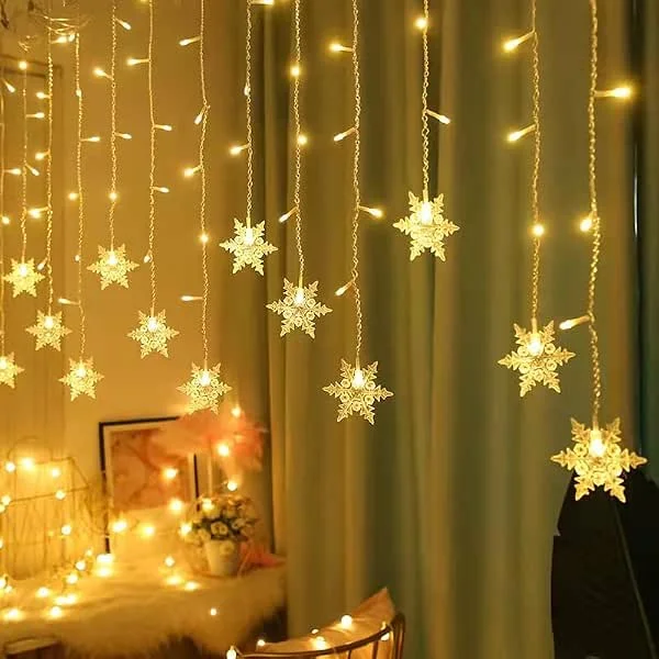FPEAOB Cortina de Luces Navidad LED Snowflake, 96 LED 4 m, cortina luces con batería, resistente al agua, luz blanca cálida, iluminación de Navidad para decoración navideña