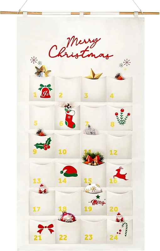 Staranry Calendario de Adviento para Rellenar de Tela, Calendario Colgante de Navidad Reutilizable con 24 Bolsillos, Decoración Navideña de Tela — Adviento y mesa