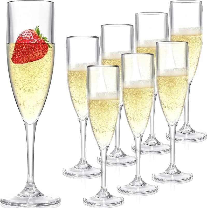 Elsjoy Paquete de 8 copas de champán acrílicas, copas de champán con tallo de 6 onzas, tazas de champán irrompibles, tazas de champán reutilizables para bodas, fiestas, bares — Vino y mesa festiva