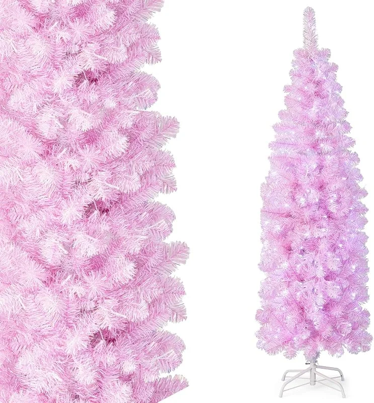 Visita la tienda de COSTWAY COSTWAY Árbol de Navidad Rosa 180cm, Arbol de Navidad Slim, Estrecho con Luces Incorporadas, 250 Luces Blancas Frías, 475 Ramas de PVC y Pet, Arvore de Natal Soporte de Metal Casa, Oficina — Decoracion Navidad