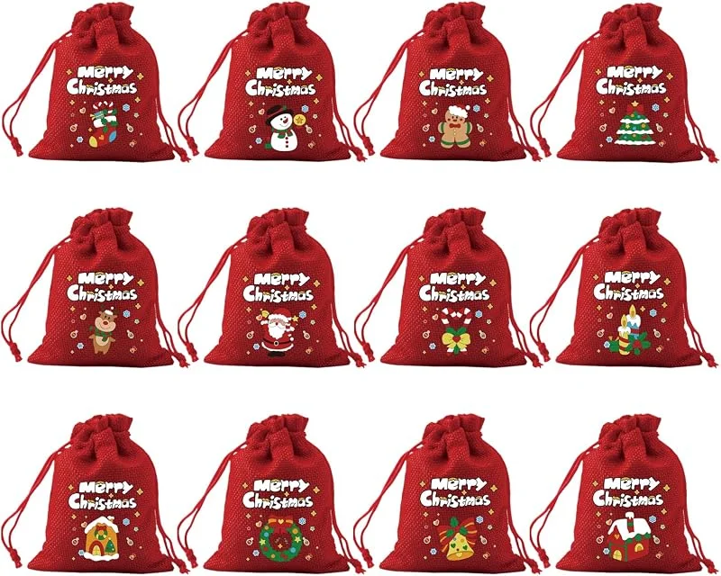 Lvjkes 12 Piezas Bolsa Regalo Navidad, 10x15cm Bolsas de Lino Con Cordón, Patrón Colorido de Dibujos Animados, Para Envasar Dulces, Snacks, Galletas (Rojo) — Envoltorio regalo