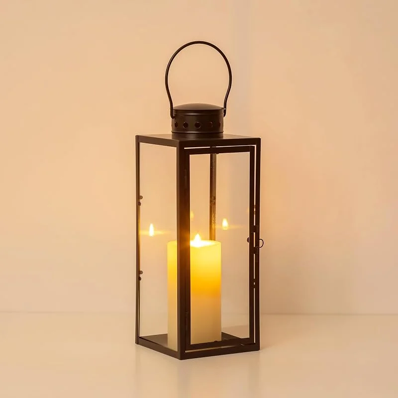 Staymoment Farol decorativo negro para exteriores: 35 cm, portavelas grande para exteriores, balcón, jardín, decoración moderna de mesa, farolillo para tumba, candelabro, iluminación — Cena a la luz de velas