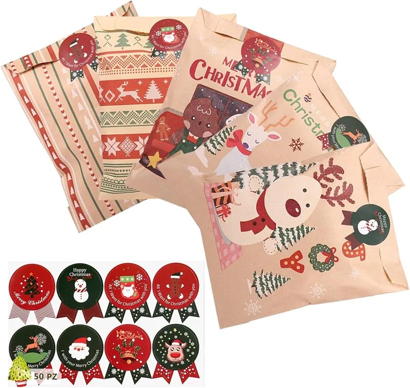 LEMESO 50 Bolsas Regalo Navidad Pequeñas de Papel con Pegatinas, 13x18cm — Envoltorio regalo