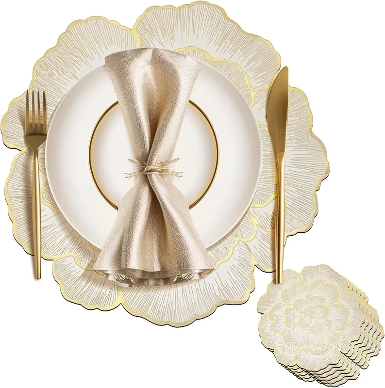 ZLLkeji Juego de 6 Manteles Individuales Redondos de Flores Oro - PVC Lavables, Resistentes Al Calor, Antideslizantes para Mesa de Cocina y Restaurantes — Hogar y cocina