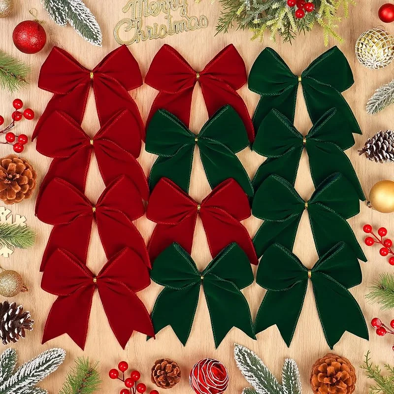 DEMIUKO 12 piezas de lazos de cinta de terciopelo verde y rojo con lazos giratorios para decoración de árbol de Navidad, lazos burdeos para envolver regalos de Navidad, lazos para manualidades DIY — Envoltorio regalo