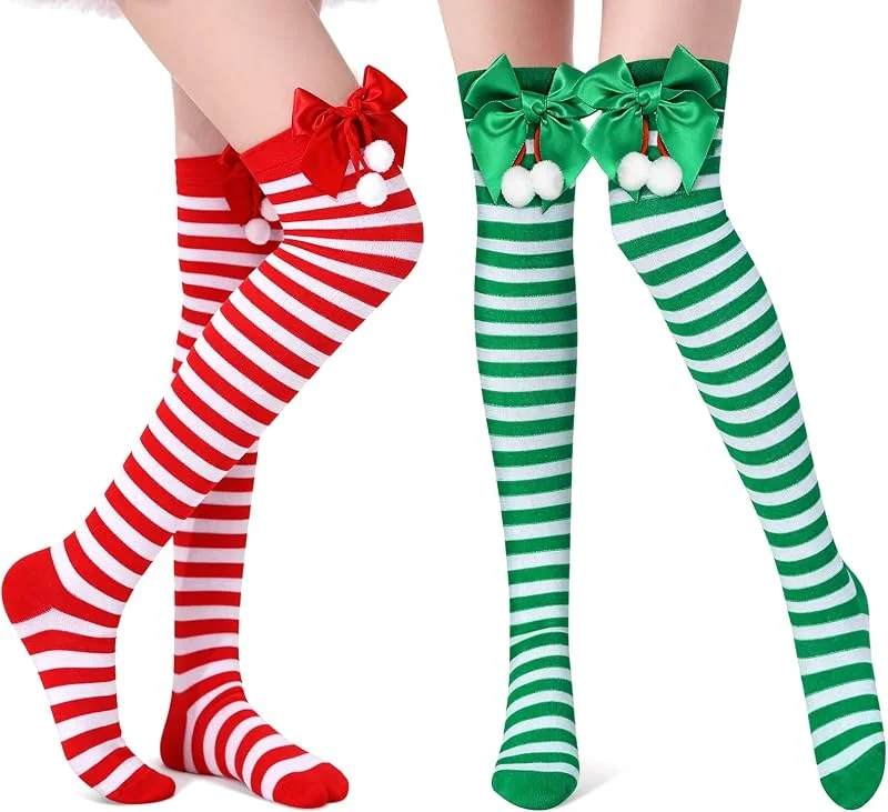 GTYARYUA Navidad Largas Medias, 2 PCS Calcetines Largos Mujer, Calcetines Hasta la Rodilla de Navidad con Lazo y Papá Noel, Rojo y Verde Calcetines Largos Navideño, para Temática Navideña de Invierno — Ropa Navidad