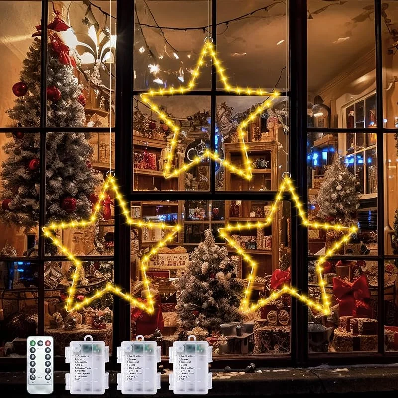 FZIFZI Decoracion Navidad Luces Navidad Interior Pilas, 3 Piezas de Cortina Luz navidad, 40 LED 8 Modos Estrella luz de Exterior Pilas con Temporizador para Adornos Fiesta Compleaños Habitacion