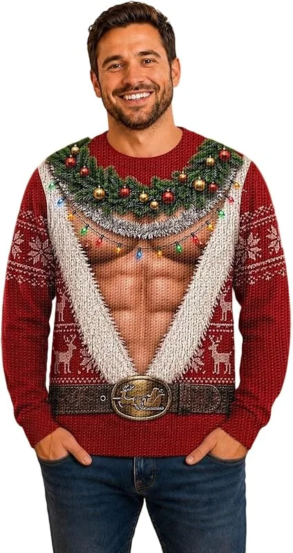 Genérico Jersey de Navidad para Hombre Divertido Camiseta de Navidad Manga Larga suéter Navidad Tallas Grandes Navidad Divertido Verde Sudadera FEA Camiseta de Manga Larga Camiseta — Ropa Navidad