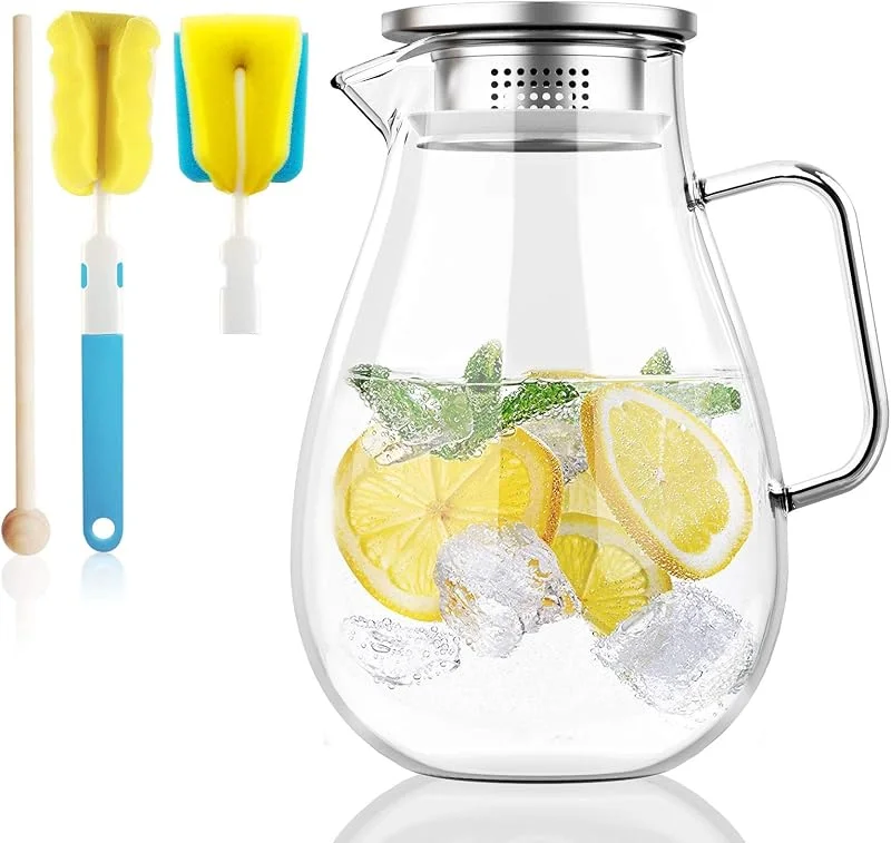 Honneeo Jarra de Vidrio 2 litros Garrafas 68 Onzas con Tapa Filtro para Té, Jarra para Agua Fría con Hielo, Agua Caliente, Vino Café Leche y Zumo, Jarra de Bebidas con Biltro y Cepillo (2000ml) — Vino y mesa festiva