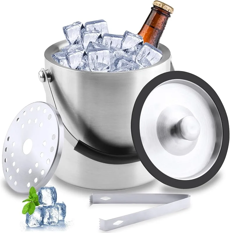 Zosenyer 1.6L Cubitera Acero Inoxidable, Cubiteras para Hielo Grande con Diseño de Doble Pared, Cubitera con Tapa, Clips y Filtros Enfriadora de Botellas, para Bar de Cócteles, Fiestas, Champán — Vino y mesa festiva