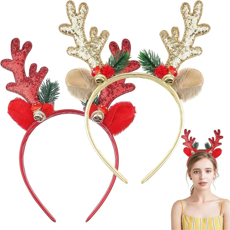 Bipl 2 diademas navideñas, diadema con cuernos de reno, diadema brillante con cuernos, diadema de Navidad, árbol de Navidad y reno, diadema de Navidad para mujer, accesorios para el pelo para fiestas — Ropa Navidad