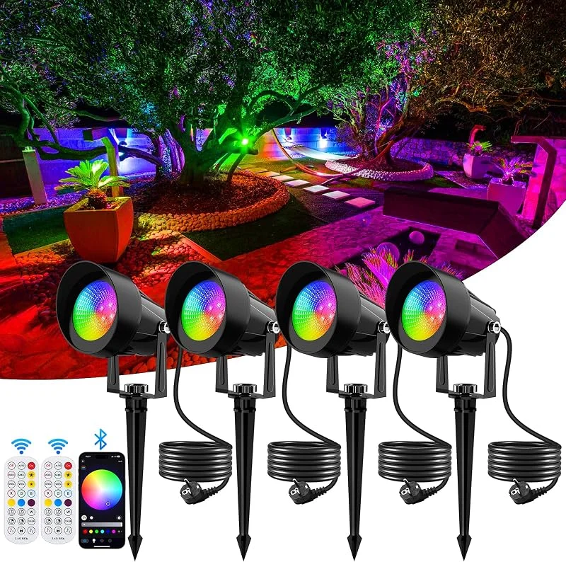 NATPOW Foco Proyector Exterior RGB Intelligent, 4 Piezas Luces Led Exterior con Mando a Distancia y APP Bluetooth, IP65 Impermeable Focos Colores para Patio, Jardín, Caminos, Navidad, Halloween — Luces Navidad