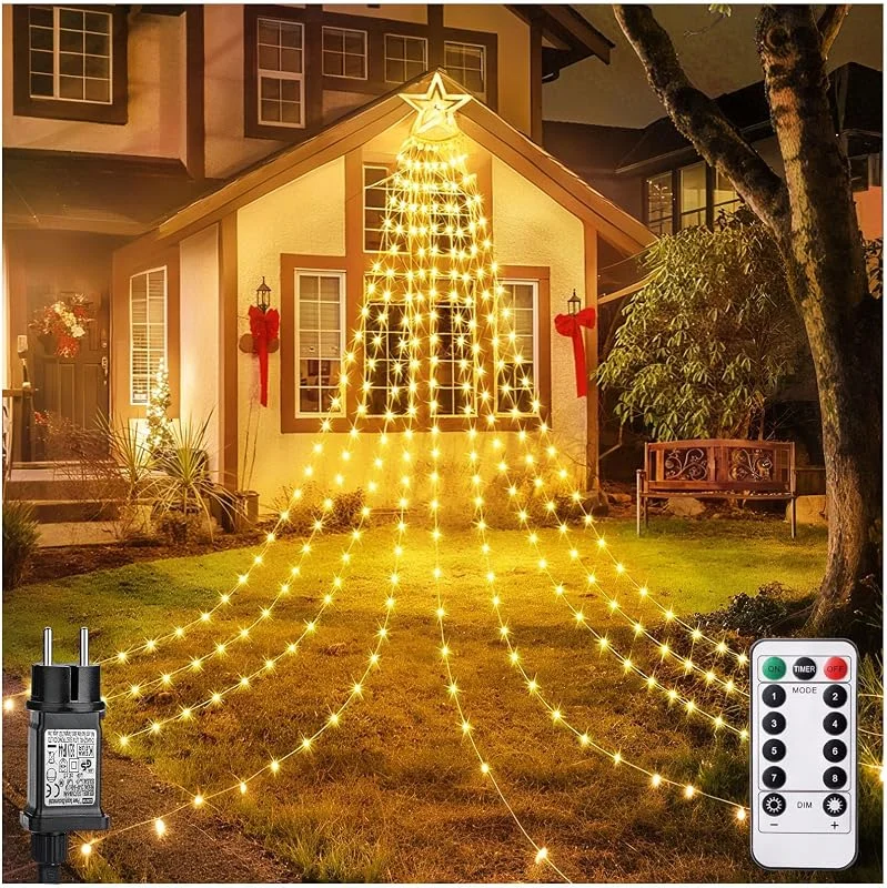 POIFL Luces Navidad Exterior, Luces Arbol Navidad, Cascada de 344 LED, 3, 6 m x 9 Cuerdas, 30cm Estrellas Grandes, Control Remoto, 8 Modos, Impermeable, Para Árboles, Balcones, Paredes Exteriores, Cortina — Decoracion Navidad