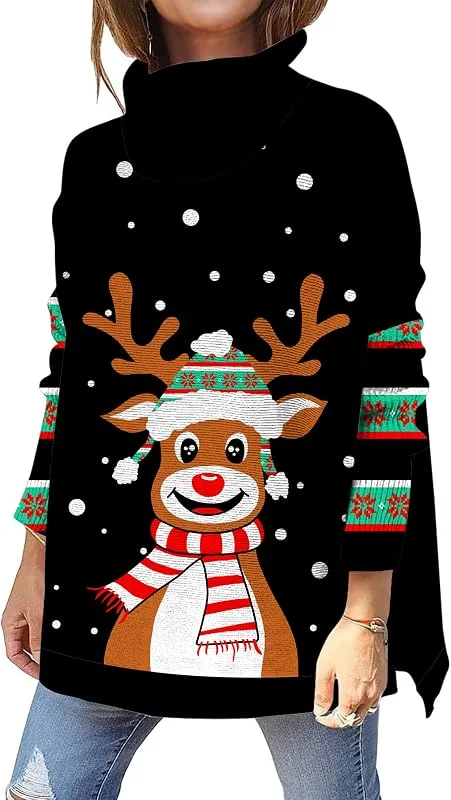Kids4ever Jersey navideño de Cuello Alto para Mujer Jersey de Punto navideño con Estampado 3D Jersey de Punto Suelto con Abertura Lateral de Manga Larga para Fiesta Diaria S-XL — Ropa Navidad