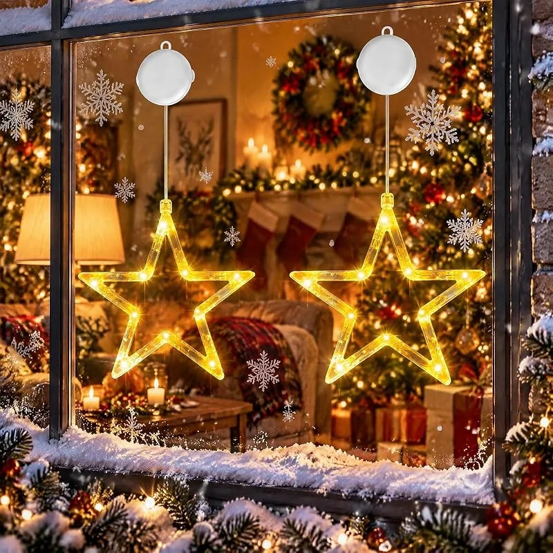 Mepham Cortina de luces LED para interiores, luz blanca cálida, iluminación navideña con ventosas y función de temporizador para ventanas, estrellas luminosas como decoración navideña — Decoracion Navidad