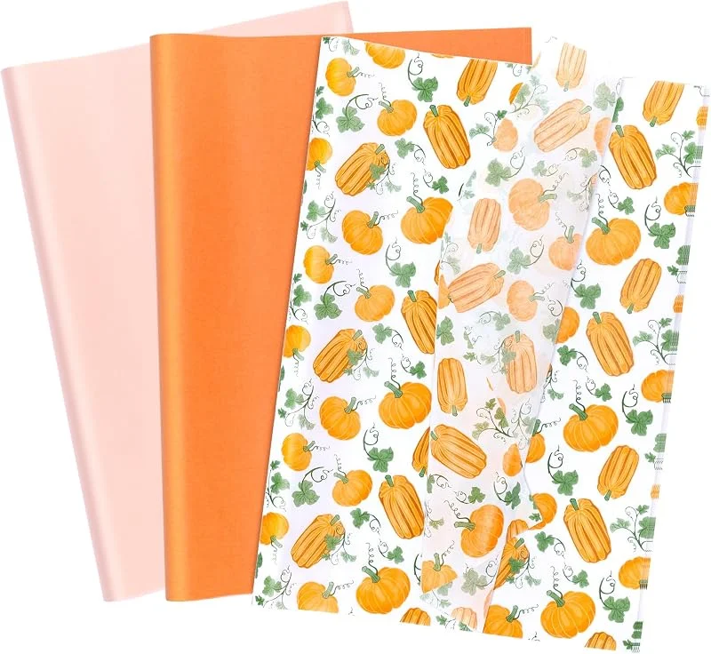 Visita la tienda de Larcenciel Larcenciel Papel de Seda Otoño, 60 Hojas de Papel Seda Naranja para Envolver y Bolsas de Regalo, Estampados de Hojas de Calabaza para Fiesta de Cosecha, Día de Acción de Gracias DIY, 50×35cm — Envoltorio regalo