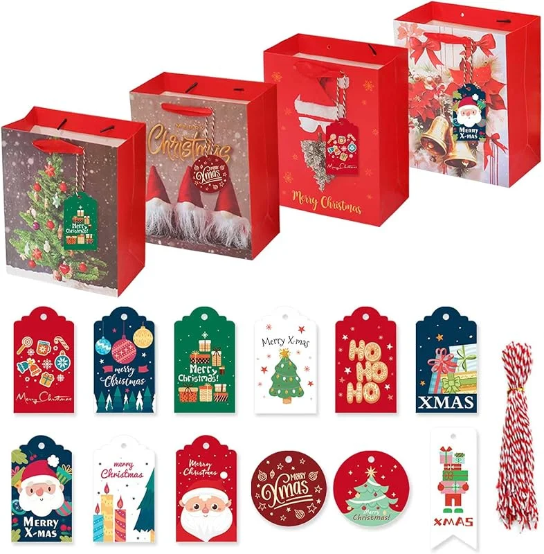 GTDOOCE 12 Piezas Bolsas Regalo Navidad, Cajas Carton Navidad de Papel Kraft con Mango, Bolsas Navidad Regalo con Motivos Navideños, Cajas de Papel de Caramelo Presentes, con 48 Etiquetas Regalo Navidad — Envoltorio regalo