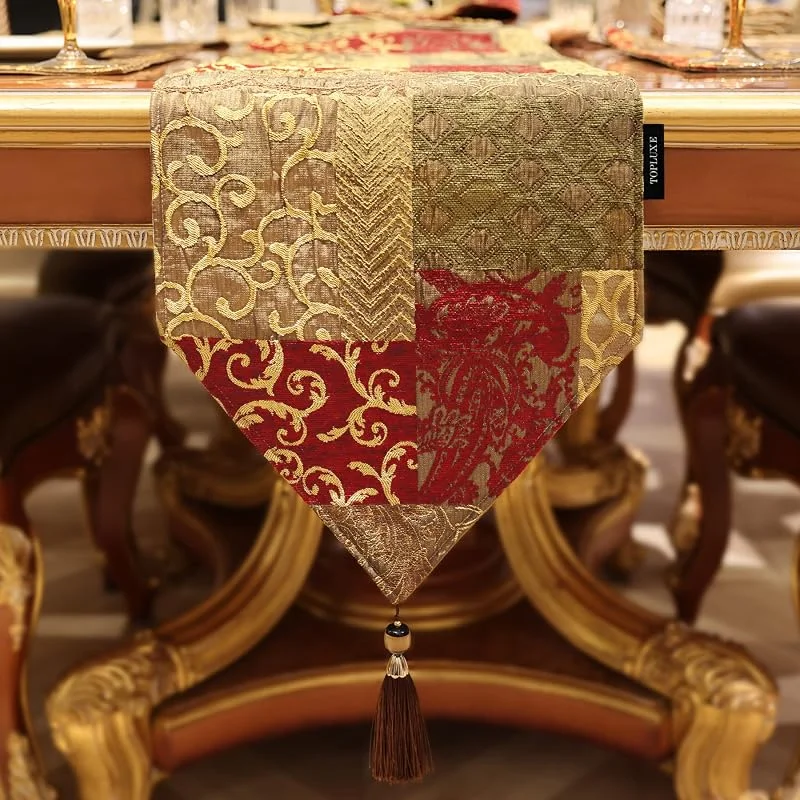 Visita la tienda de TOPLUXE Camino de Mesa de Tela Damasco, Decoración para Mesa de Comedor, Hotel, Restaurante, Festival, Banquete (33x180cm, Rojo Dorado) — Hogar y cocina
