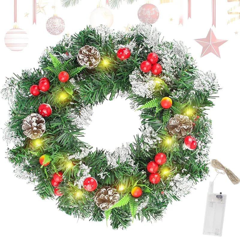 GZGXKJ 40cm Guirnalda Corona Navidad LED Guirnalda de Navidad Puerta Hecho a Mano Decoracion Corona Navida Cubre Copos de Nieve con Bayas Christmas Wreath para Decoraciones Navideñas — Decoracion Navidad
