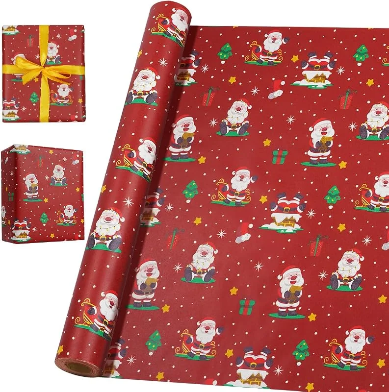BIULDPY Rollo de papel de regalo rojo de 16 m, 43 cm, reciclable, con estampado de Papá Noel para Navidad, cumpleaños, baby shower y decoración de fiestas — Envoltorio regalo