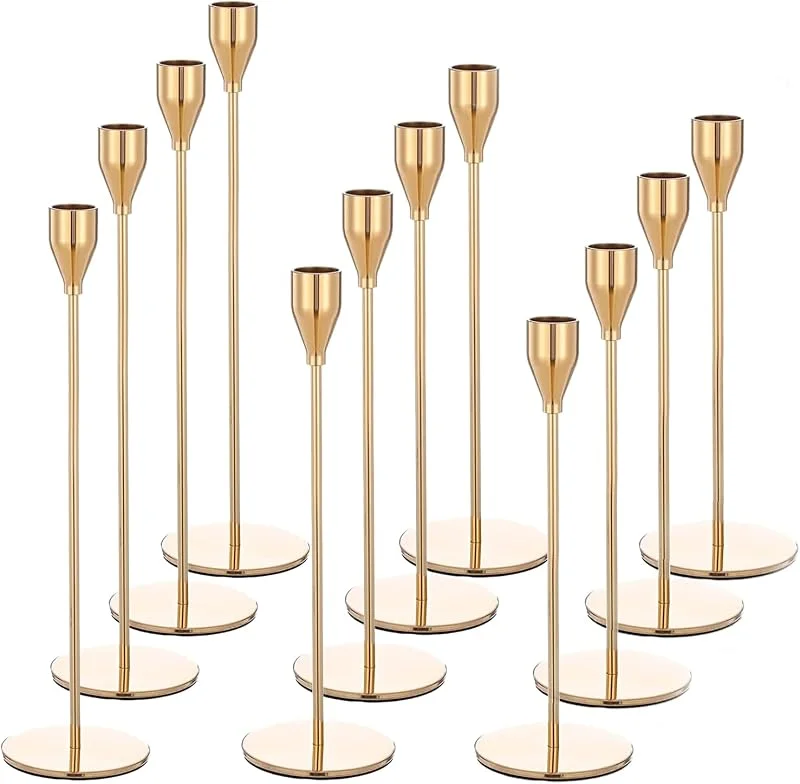 Visita la tienda de Pesonlook Juego de 12 portavelas, candelabros cónicos Dorados para Velas de 3, 4 Pulgadas de Grosor, candelabro Alto de Metal para Bodas, decoración del hogar, Cena a la luz de Las Velas (Dorado) — Cena a la luz de velas