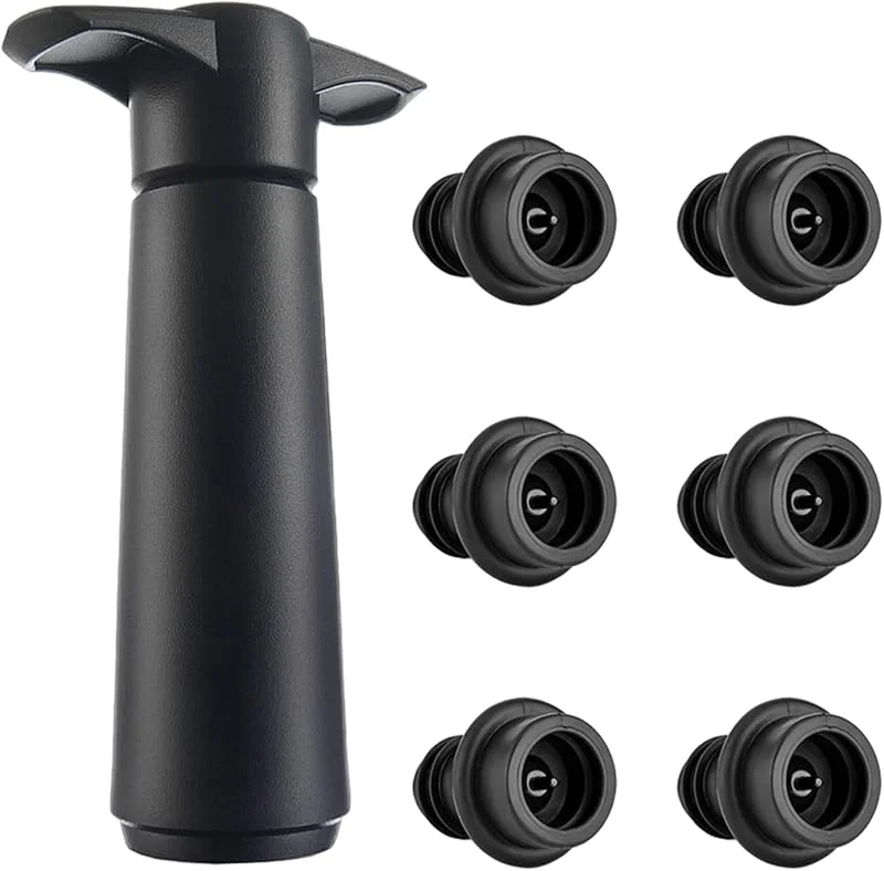 MEMOFYND Bomba de Vino Con 6 Tapones al Vacío - Protección, Reutilizable, Ahorro y Conservación del Vino (Negro) — Vino y mesa festiva
