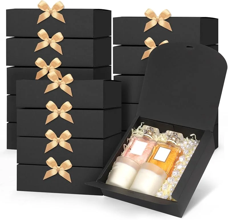 GXFCING 15 Cajas de Regalo Negras, 16x16x5cm Plegable Cajas de Regalo con Tapa, Caja Regalo Carton con Cinta de Satén Dorada para Bodas, Cumpleaños, Navidad, Fiestas — Envoltorio regalo