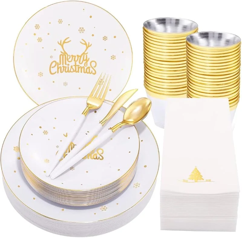 KAHEIGN 175 Piezas Reutilizable Vajilla Navideña de Plástico Blanco con Borde Dorado - 25 Platos Llano, 25 Platos Ensalada, 25 Cuchillos, 25 Tenedores, 25 Cucharas, 25 Servilletas para 25 Invitados — Adviento y mesa