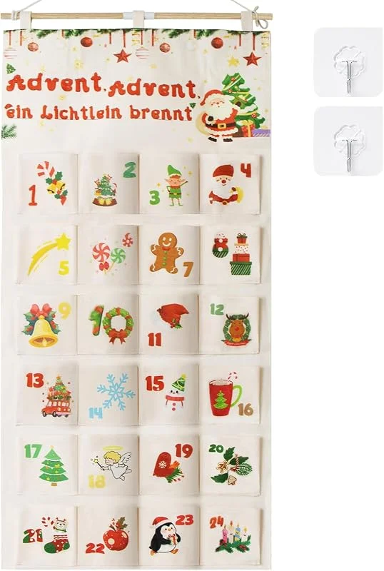ZYNERY Calendario de Adviento para rellenar de tela 2025, 24 calendarios de Adviento para rellenar y colgar, para niños, reutilizables, calendario de Navidad para rellenar con 2 ganchos adhesivos — Adviento y mesa