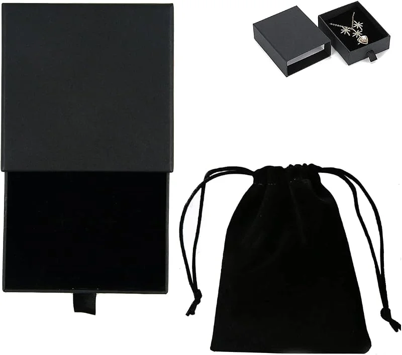 Leikedun Caja de regalo de joyería con bolsa de terciopelo, pulsera de anillo, cajas de regalo pequeñas con tapas, estuche de almacenamiento colgante para regalo de cumpleaños de Navidad (negro, 9x9x1.8 cm) — Envoltorio regalo