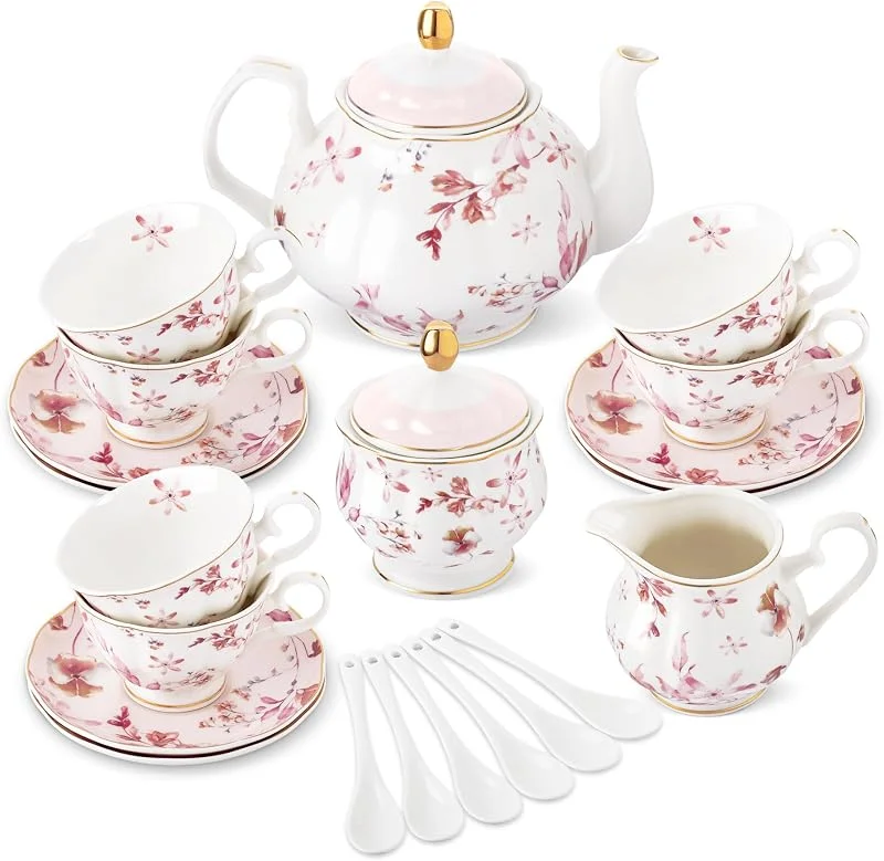 Visita la tienda de fanquare fanquare Juego de Té de Porcelana Británica de 21 Piezas con Borde Dorado, Hojas de Otoño rosas Juego de Café Floral para Mujeres Fiesta de Té, 6 Tazas de Té y Platillos para Café Boda en Casa — Adviento y mesa