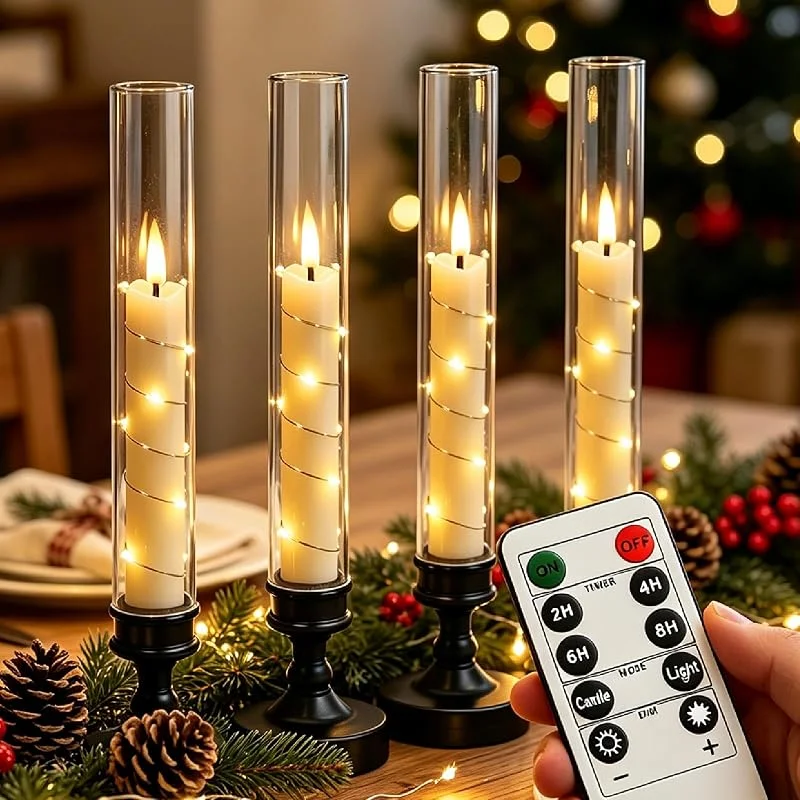 FENDRALL Juego de 4 velas LED de 25, 6 cm con guirnalda luminosa, velas LED sin llama con mando a distancia y temporizador, efecto llama vacilante, funciona en pilas, decoración de bodas, Navidad, mesa — Cena a la luz de velas