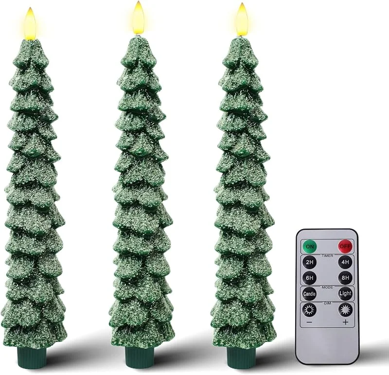 KDVOG Paquete de 3 velas esmeriladas para árbol de Navidad con control remoto, velas cónicas sin llama de cera real de 9.7 pulgadas, candelabros LED verdes con llama parpadeante 3D para Navidad, Año — Luces Navidad
