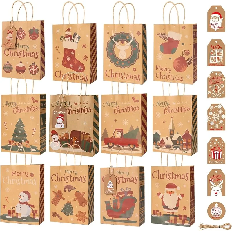 Fancysky 12 Piezas Bolsas de Navidad con Asas, Fancysky Papel Navidad Bolsos de Regalo, 25 * 18cm, Navideño Bolsas de Papel, con 10 Etiquetas Navideñas, Patrón Doble Cara, Kraft Bolsa de Navideño — Envoltorio regalo