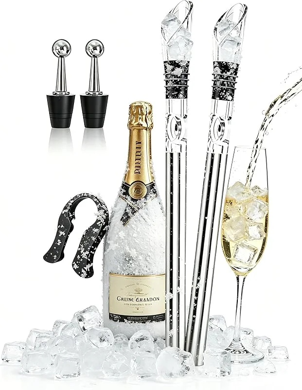 MFLABEL Enfriador de Botellas de Vino, 7 en 1, 2 barras + 2 boquillas + 2 tapas de botellas +1 cortador de aluminio, barra de enfriamiento de vino de acero inoxidable — Vino y mesa festiva