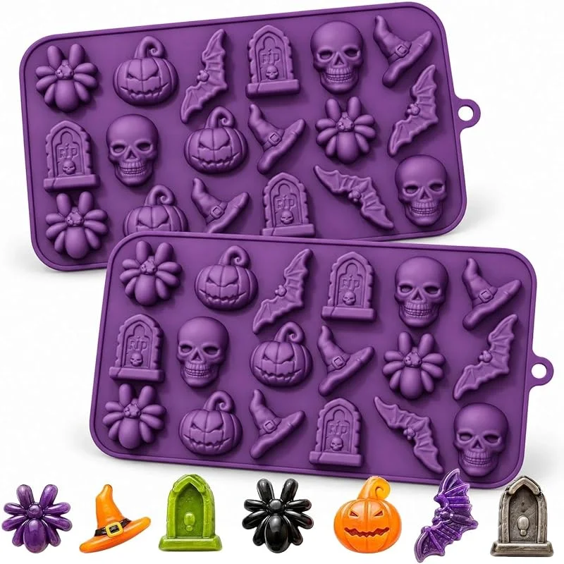 Visita la tienda de YXHZVON Paquete de 2 moldes de silicona para Chocolate de Halloween, Silicona Molde de Dulces, araña, murciélago, lápida, Calavera, Cabeza, Sombrero de Bruja para Hacer Chocolate de Halloween, Dulces(Morado） — Hogar y cocina