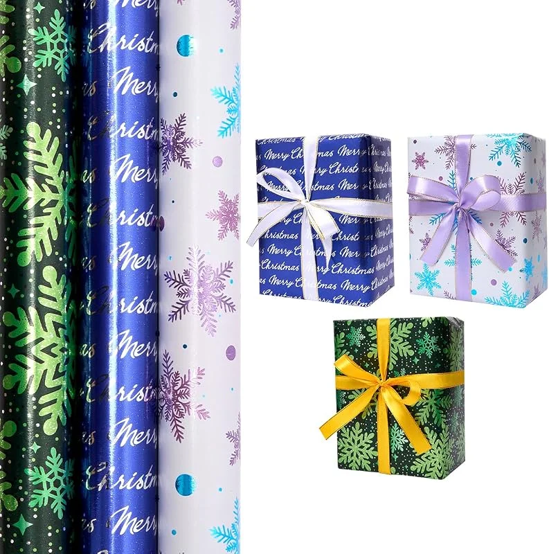 BIULDPY 3 rollos de papel de regalo navideño, 43 cm x 3 m, brillante, con estampado de copos de nieve y "Feliz Navidad" para Navidad, cumpleaños, festivales, fiestas y decoración. — Envoltorio regalo