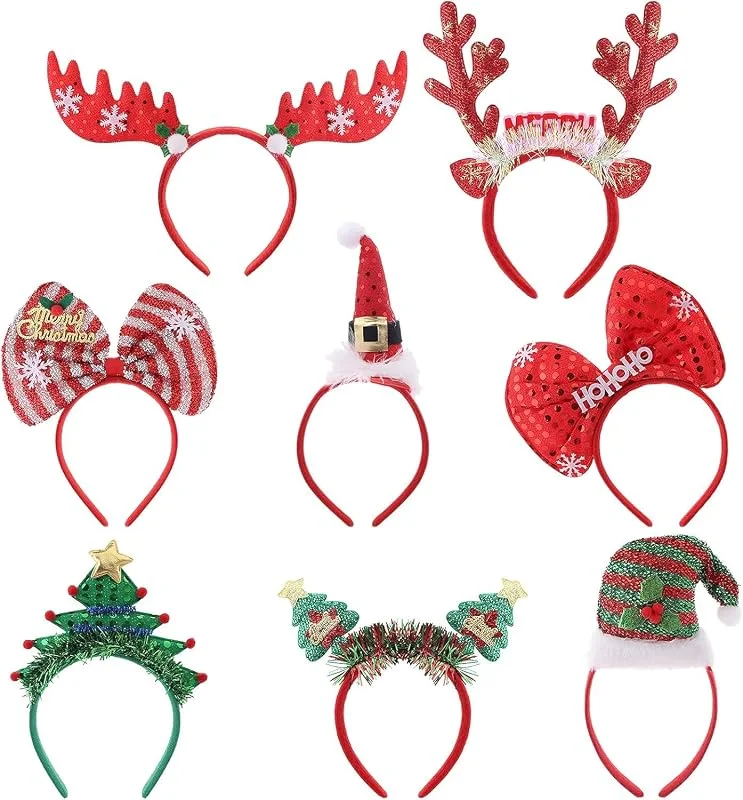 Hileyu 8 Piezas de Diadema de Navidad Sombrero de Navidad Diadema Fiesta de Navidad Vestir aro de Pelo con Orejas Accesorios para el Cabello de Navidad Sombreros de Fiesta de asta de Reno para Navidad — Ropa Navidad