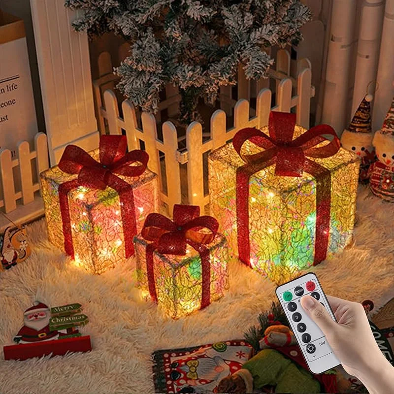 Kensbro Juego de 3 Cajas de Regalo LED para Navidad, Caja de Regalo Decorativa LED — Envoltorio regalo
