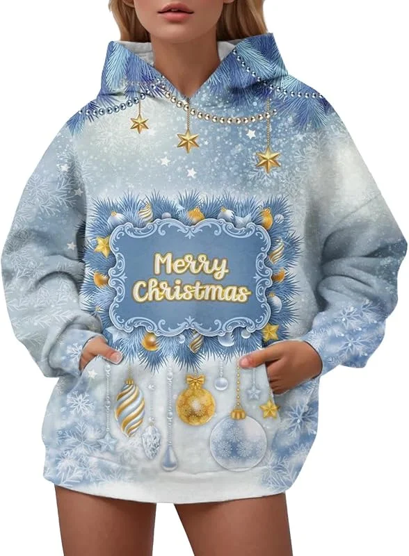 Generisch Jersey de Navidad para mujer, suelto, invierno, con bonito muñeco de nieve, estampado de campana, cómoda sudadera con capucha de manga larga — Ropa Navidad