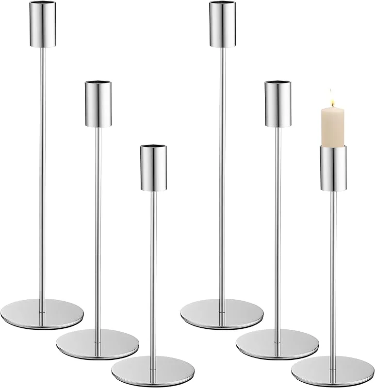 LCXCXY Juego de 6 Candelabros para Velas, 6 Portavelas Plata, 3 Candelabro Cilíndrico de Diferentes Alturas. Los Porta Velas Son adecuados para Boda con Candelabros, Fiesta de Cumpleaños, Velas Decorativas — Cena a la luz de velas
