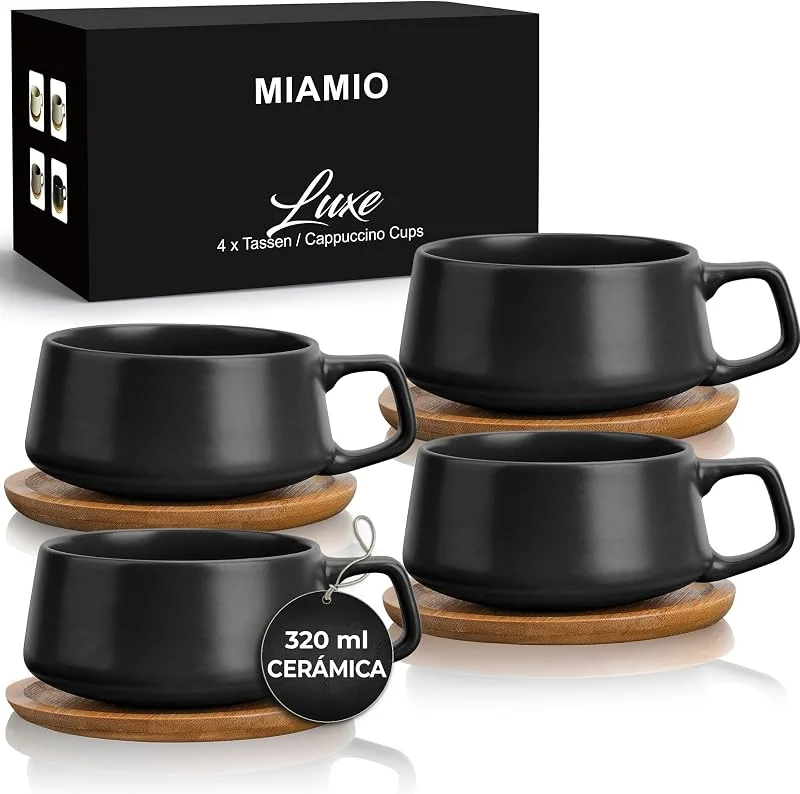Visita la tienda de MIAMIO MIAMIO - Set 4 tazas capuchino de cerámica (4×280 ml) - Luxe (Negro) — Adviento y mesa
