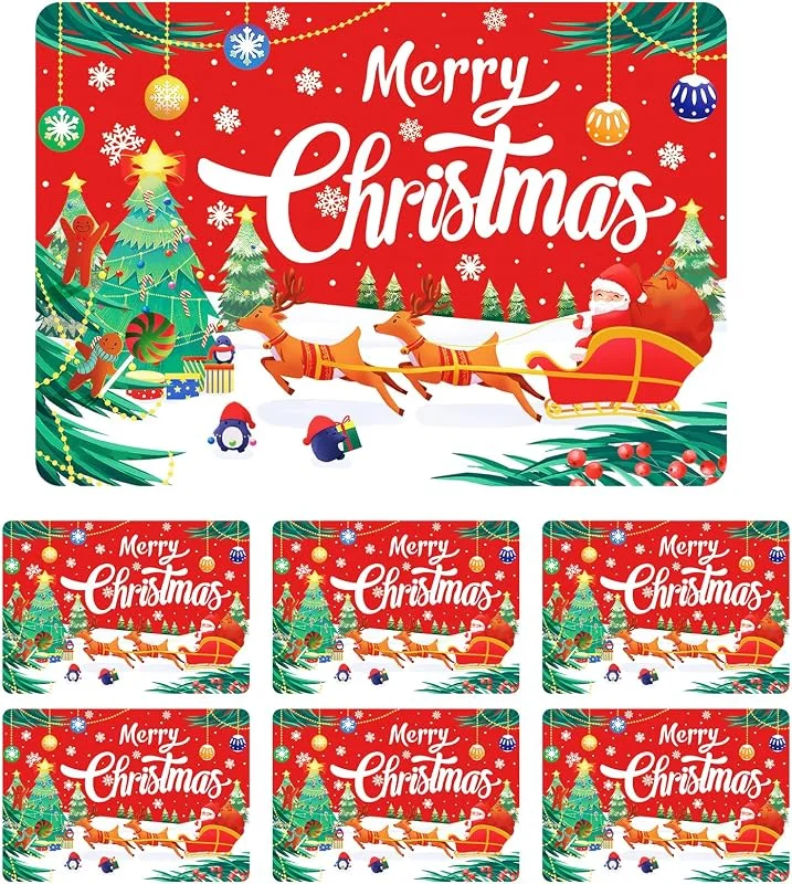 Pwsap 6 Manteles Individuales Navideños de PVC, Rojo Salvamanteles Individuales de Mesa de Comedor Navideños, Juego de Alfombrillas Navideño Resistentes para Cocina, Mesa de Comedor, Fiestas Navideñas — Hogar y cocina