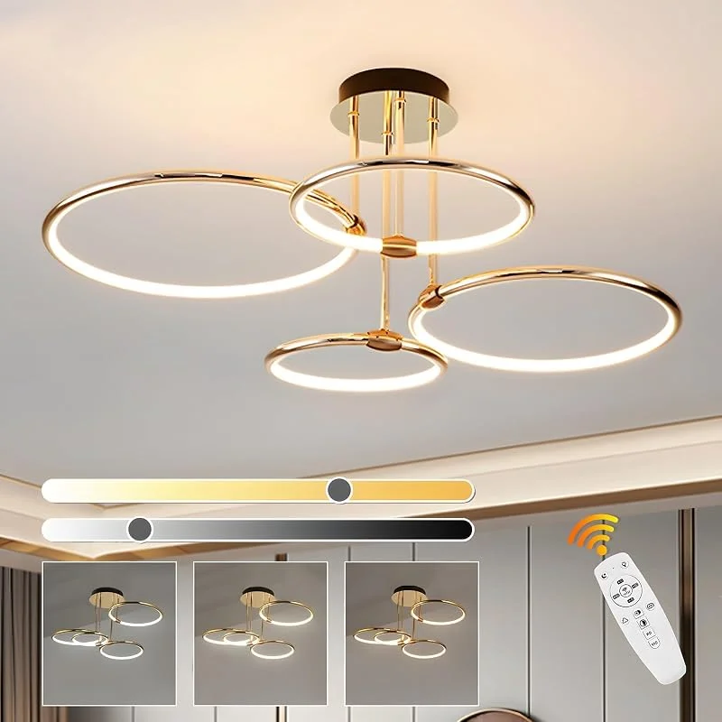 WayLuoung 4 Anillos Redondos Lámpara De Techo Led Dorada Diseño, Candelabro De Ø75cm, 85W Regulable Forma Continua, Colgante De Electrochapa De Metal Creativo, Lámpara Moderna Para Dormitorio, Sala De Estar — Cena a la luz de velas