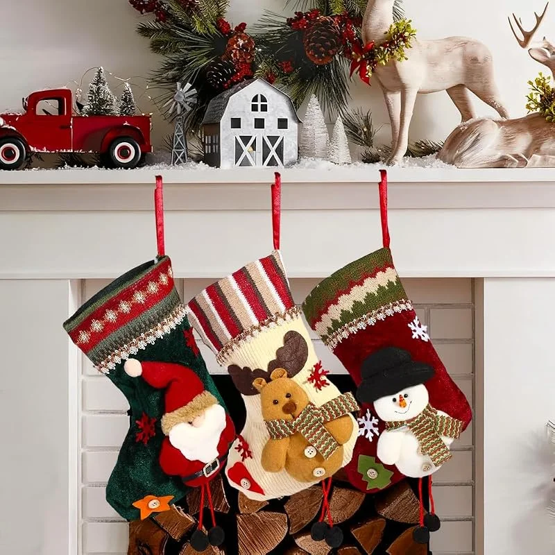 DAJASD 3 Piezas Calcetines Navidad Chimenea, Medias de Navidad, Calcetín de Navidad Chimenea Bolsa de Regalo para Llenar y Colgar para el árbol de Navidad Decoración Familiares de Fiesta — Decoracion Navidad