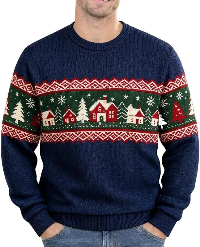 Generic Jersey navideño Hombre Cuello Redondo con Estampado de Casas y árboles Tejido Suave Manga Larga para reuniones y Celebraciones de Navidad — Ropa Navidad