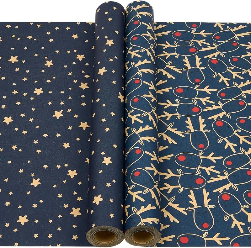 BESCMAX 2 rollos de papel de regalo azul, 43 cm x 12 m, papel de regalo navideño kraft con estampado de alce y estrella para decoración de fiestas de cumpleaños y Navidad. — Envoltorio regalo