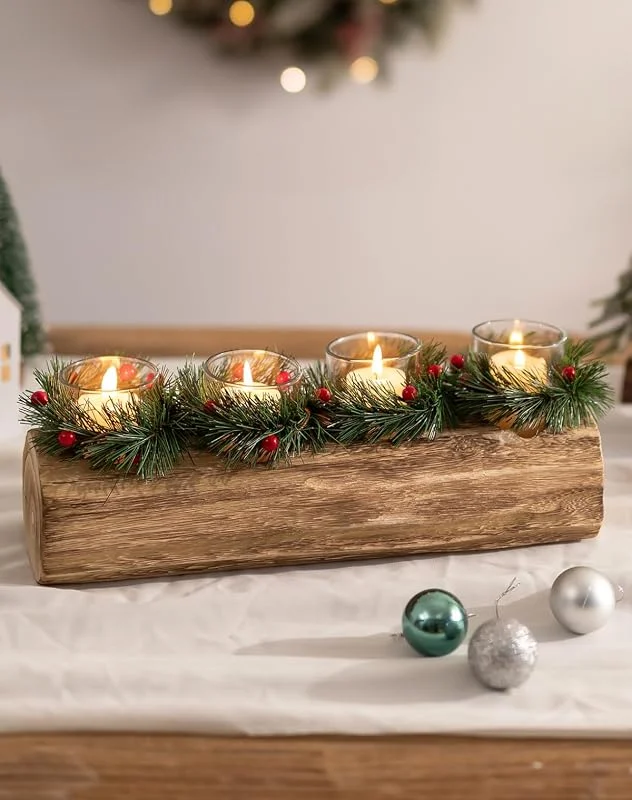 Romadedi Portavelas de Navidad de madera para decoración interior: Romadedi portavelas de Yule Log con 4 vasos para velas de té, para decoración de mesa, chimenea, portavelas para arreglo de Adviento — Adviento y mesa